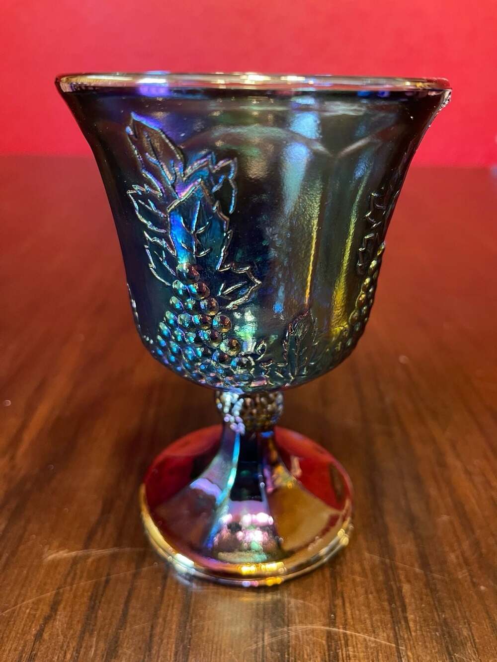 Indiana Glass Harvest Grape Blue Carnival Glass Goblet